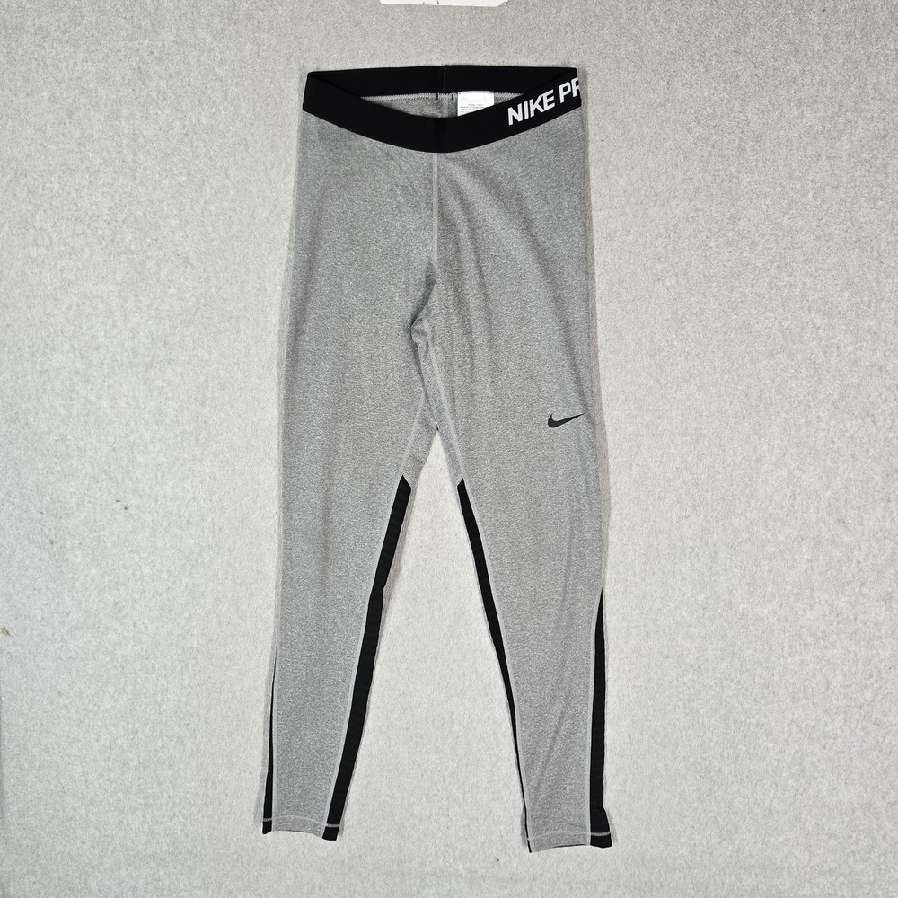 Nike Pro Women Activewear Pants M Gray Leggings Fleece Dri Fit Swoosh 26" Inseam